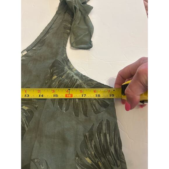 Women’s Small 100% Linen Olive Print Wide Jumpsuit Shoulder Bows Boho Lagenlook - Picture 15 of 16